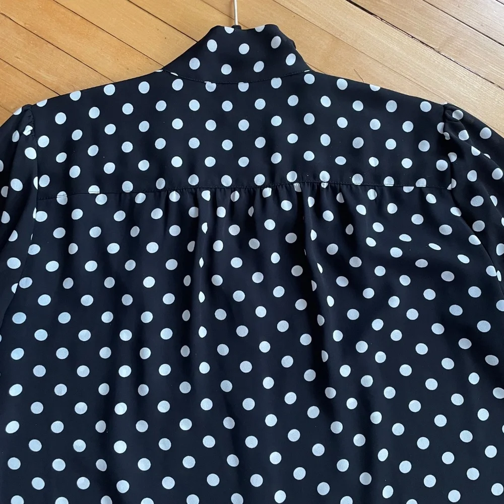 J. CREW Polka Dot Bow Neck Tie Blouse Top Puff Sleeve Button Front Country Club